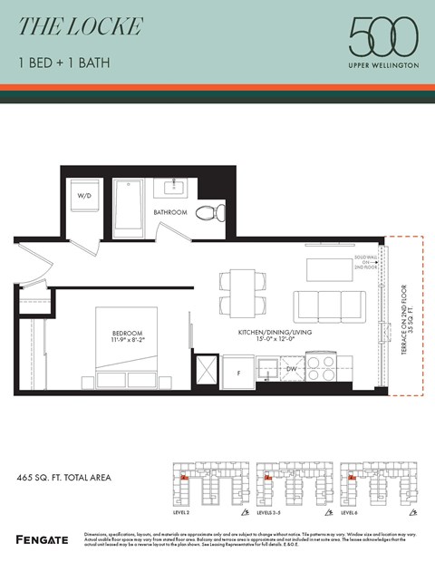 Floor plan for 1 bed, 1 bath, 465 sqft